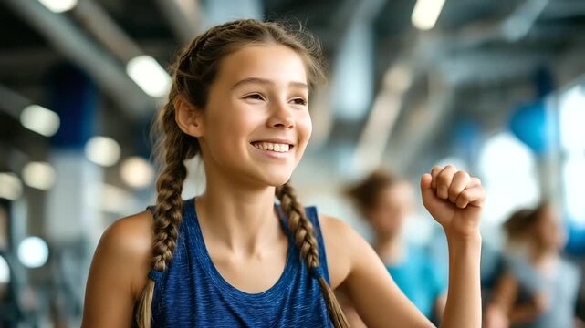 Energetic teenage girl with braids doing jumping jacks in gym, cardio exercise routine, youth fitness activity, dynamic workout movement, healthy athletic training, energetic