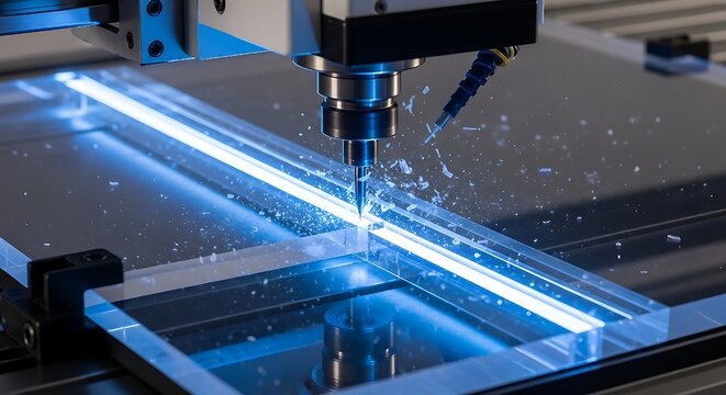 Close up of a computer numerical control router precisely engraving or milling a clear acrylic sheet material under bright blue led lighting for manufacturing purposes