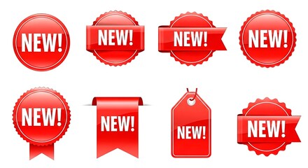 Assorted vibrant red new labels and tags for creative design purposes isolated on white background