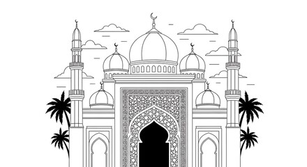 Intricate black and white illustration of a grand mosque entrance with minarets and palm trees isolated on white background