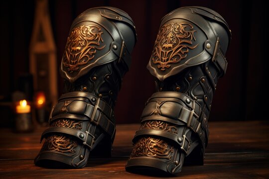 Ornate medieval bracers featuring intricate gold engraving and craftsmanship on a wooden surface