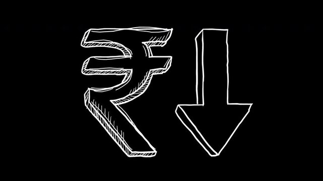 Hand Drawn Indian Rupee Symbol And Down Arrow White Line Art Animated Video 4K Alpha Transparent