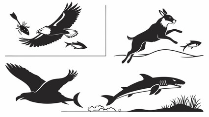 Obraz premium Set of Four Wildlife Silhouettes Featuring Eagle Catching Fish Deer Jumping Shark Swimming and Bird Flying for Nature Icons and Outdoor Adventure Graphic Design Elements