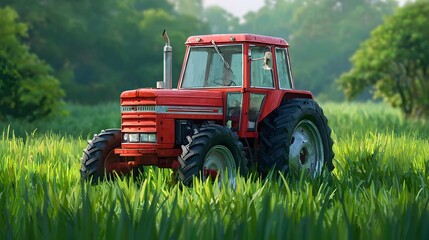 Detailed close up of a vintage red farm tractor positioned in a lush sunlit green meadow showcasing agricultural equipment amidst a natural landscape