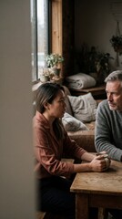 Obraz premium European senior manager and Thai woman in empathetic conversation in cozy office breakroom, leadership and mentorship concept with copy space