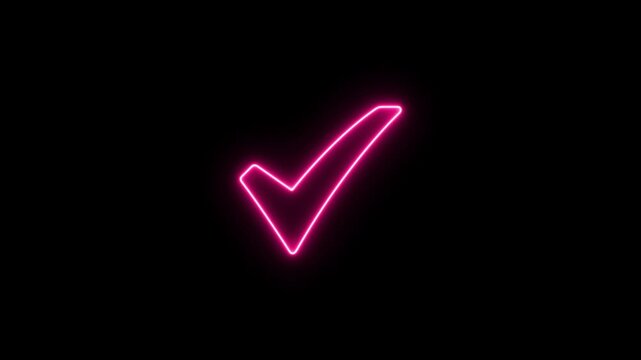 Pink  Check mark icon neon light Black background