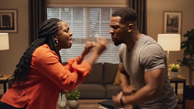 Couple argues in living room over relationship issues during evening time at home