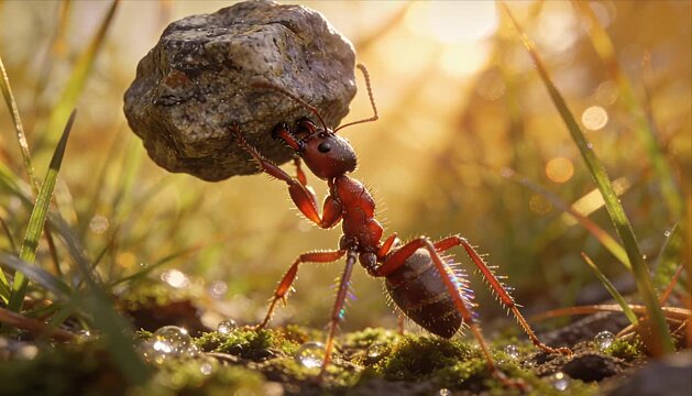 Motivation ant power strength nature courage sunrise dew grass macro insect determination perseverance resilience focus effort success challenge rock closeup outdoor summer scene