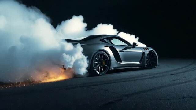 Sports car performing burnout with thick tire smoke and glowing sparks on dark roadway at night