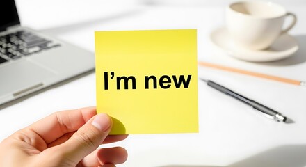 Person holding a sticky note with the text 'i'm new' in a workspace setting. isolated on white background