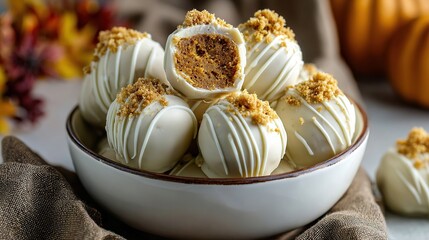 White chocolate pumpkin spice truffles in bowl for fall dessert