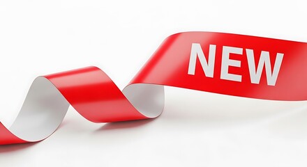 A vibrant red ribbon with the word new written on it, symbolizing novelty and freshness. isolated on white background