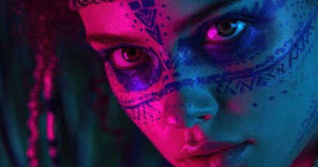 Fototapeta premium Woman with face art under neon lights portrait in studio setting