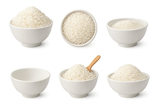 Six white ceramic bowls showing cooked white rice from various angles, one with a wooden spoon, arranged on a transparent background