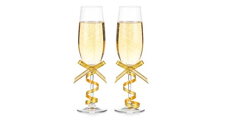 Two elegant champagne flutes with intricate gold ribbons wrapped around their stems isolated on white background