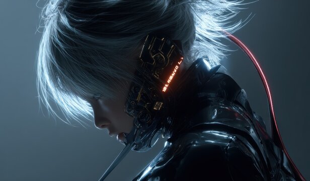 Woman with futuristic headset in a dark setting