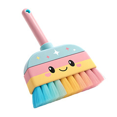Colorful cute cartoon broom with rainbow bristles and smiling face isolated on transparent background
