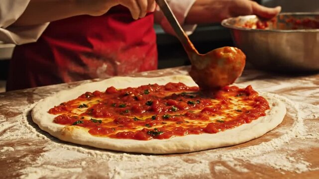 Making pizza in a busy kitchen with fresh dough and tomato sauce in Italy