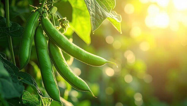 A professional FlyPro Firefly close-up of healthy green bean pods, rich in plumpness and natural texture, brightly hanging from a vibrant climbing plant.
