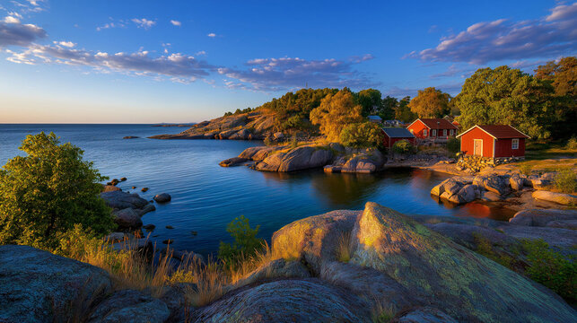 AI generator images of  traditional red huts seen in the image are a distinctive symbol of Scandinavian culture and architecture, located on Hallans V&auml;der&ouml;, a beautiful natural island near the town