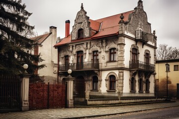 Obraz premium Historic art nouveau villa standing on a city street with an ornate gate