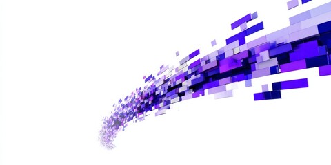 Stream of purple and blue digital blocks flows dynamically across a white background