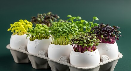 Tiny sprouts in cracked eggshells arranged in a carton, a unique way to grow microgreens