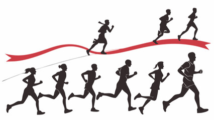 Obraz premium Silhouettes of Diverse Runners Competing in Race Crossing Finish Line Symbolizing Achievement and Fitness Goals