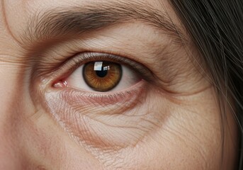 Fototapeta premium Macro Close-up of Mature Human Eye with Brown Iris and Detailed Skin Texture, Reflecting Vision Health and Aging Beauty.