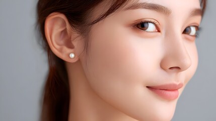 Naklejka premium A detailed close up captures the elegant profile of a woman highlighting her smooth skin gentle makeup and a single pearl stud earring against a neutral background emphasizing natural beauty