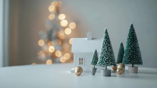 Minimal winter holiday scene with small white house model surrounded by miniature trees and soft bokeh lights