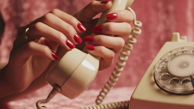 Woman picks up vintage telephone with red nails and pink background during daytime