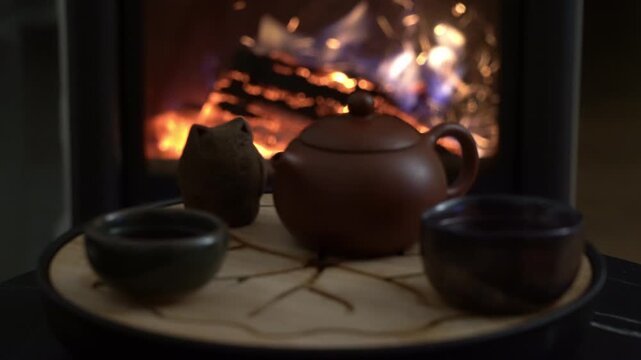Cinematic refocus from burning fireplace to traditional tea ceremony set, moving firewood and glowing flames in background, cozy winter evening atmosphere, slow living concept