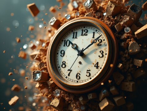 Vintage clock face exploding with diamonds and rock formation