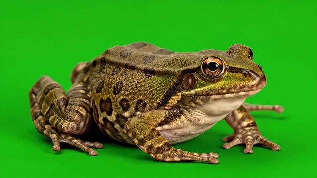 Detailed portrait of a green and brown frog with spotted skin, isolated on a vibrant green background. Amphibian studio shot.