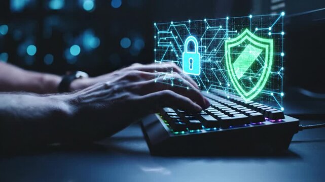 Cybersecurity professional typing on keyboard with digital lock and shield for internet safety and online data protection