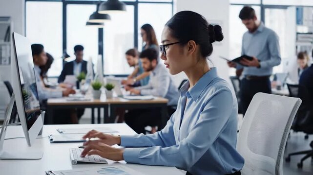 Office workers engage in tasks at a busy workplace during a typical workday