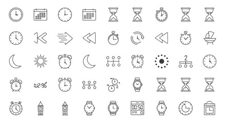 Set of Time and Clock Management Line Icons, Schedule and Deadline Symbols on an Isolated White Background