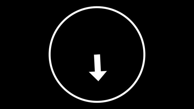 Clean and modern vector graphic featuring a bold white arrow pointing downwards inside a perfect circle, isolated on a solid black background, ideal for user interface elements and directional cues