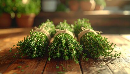 FlyPro Firefly's professionally captured bundles of fragrant fresh thyme, delicately tied with twine, evoking a warm, natural culinary essence.