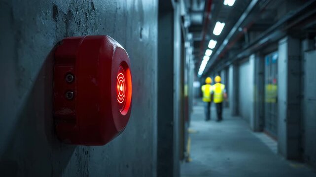 Red emergency alarm mounted on wall inside industrial corridor with workers walking in background