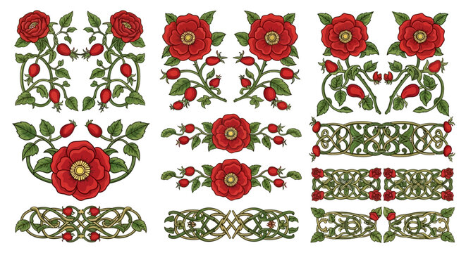 Tudor Rose Floral Borders and Elizabethan Filigree Vector Ornaments