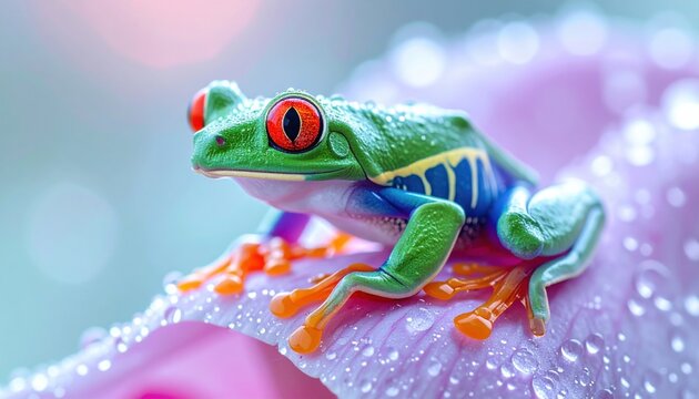 FlyPro Firefly Red-eyed Tree Frog Neon Skin on Dewy Vibrant Flower Petal Striking Nature