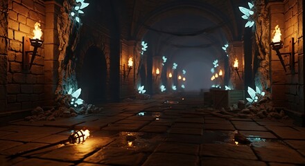 Obraz premium Mysterious Dungeon Passage Illuminated by Torches and Glowing Crystals.