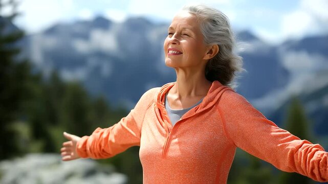 Radiant elderly lady embracing peak wellness, vibrant senior fitness concept, mountain majesty background, orange athletic apparel, mature outdoor exercise, healthy aging display,
