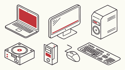 Isometric Outline Icons of Computer Hardware Components for Tech Web Design and IT Service Promotion