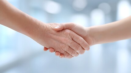 A warm handshake between an elderly person s hand showing wrinkles and a young person s hand signifying intergene nal trust and partnership