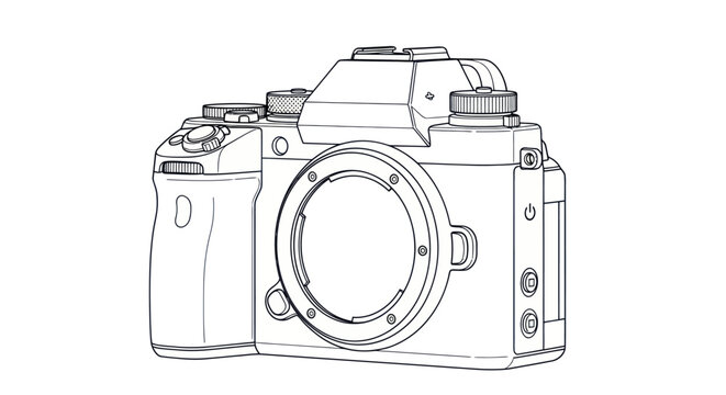 Line art vector illustration of a digital mirrorless camera body.