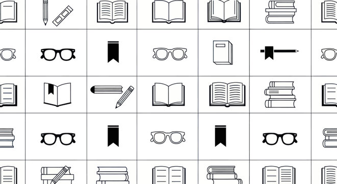 Seamless pattern of books, glasses, and bookmarks for education.