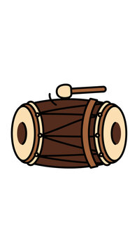 Traditional Indonesian or Malay bedug drum with stick, isolated white background, cultural musical instrument.